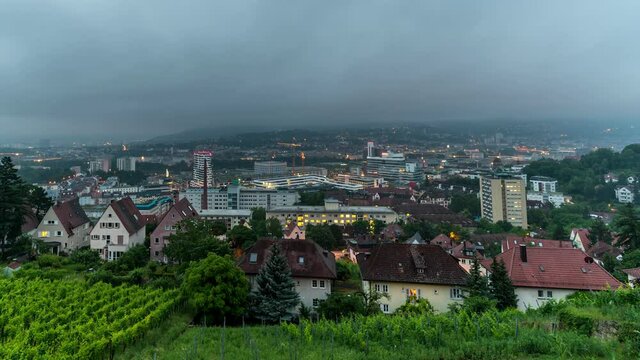 Stuttgart skyline aeriaal view time lapse from day to night wide angle, stuttgart germany.