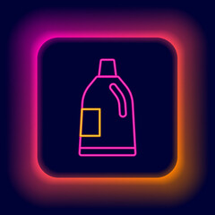 Glowing neon line Plastic bottle for laundry detergent, bleach, dishwashing liquid or another cleaning agent icon isolated on black background. Colorful outline concept. Vector