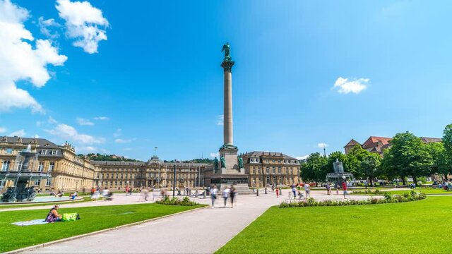 Stuttgart Schlossplatz Hyperlapse Time lapse ,Stuttgart K&ouml;nigsbau Passagen and Schlossplatz with fountain in Stuttgart, Baden-W&uuml;rttemberg, Germany 