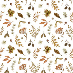Watercolor realistic Forest Plant seamless pattern. Autumn leaves, Tree branches, nuts, cones, berries, seeds. Hand drawn woodland background for natural print design, fabric, textile, wrapping paper