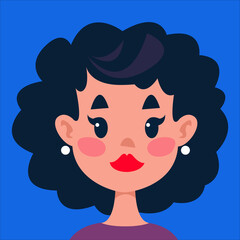Girl with curly black hair, avatar. Portrait of a cute character on a blue background. Vector illustration in cartoon children s style. Isolated funny clipart.