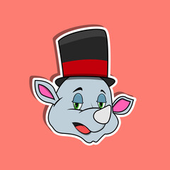 Animal Face Sticker With Rhinoceros Wearing Circus Hat. Character Design.