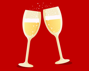 Two sparkling glasses of champagne cheers on red background vector illustration