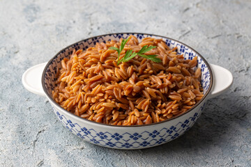 Traditional delicious Turkish dish, barley noodle pilaf (Turkish name; Arpa sehriye pilavi)