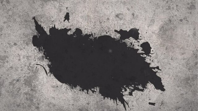 Digital animation of black paint splatter with copy space against grunge texture on grey background