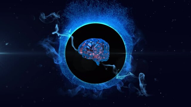 Digital animation of human brain spinning against blue digital waves on black background