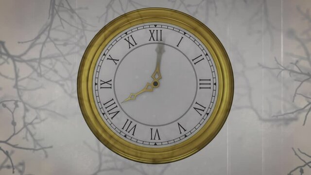 Digital animation of ticking clock over creepy tree branches against grey background