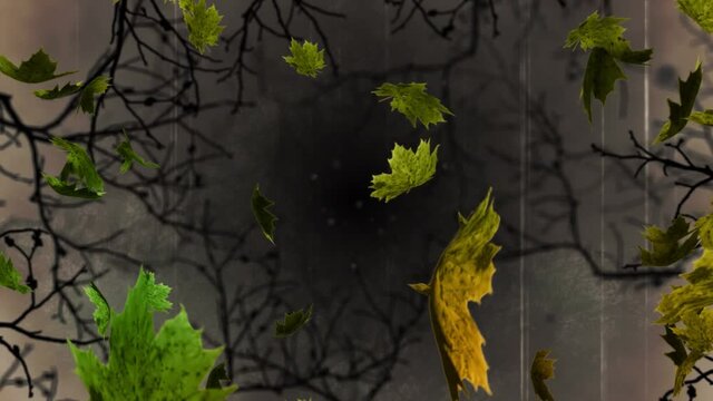 Digital animation of autumn maples leaves floating over creepy tree branches against grey background