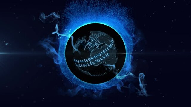 Binary coding over spinning globe against blue digital waves on black background
