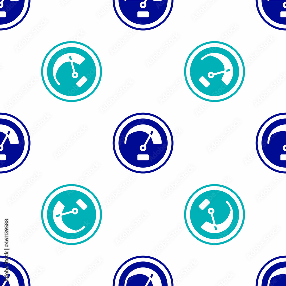 Sticker blue speedometer icon isolated seamless pattern on white background. vector