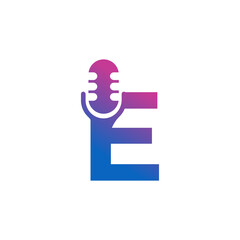 Letter E Podcast Record Logo. Alphabet with Microphone Icon Vector Illustration