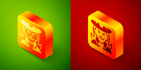 Isometric Witch icon isolated on green and red background. Happy Halloween party. Square button. Vector