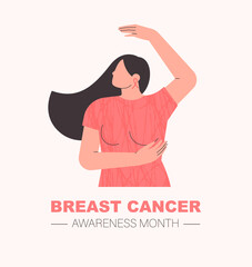 Breast cancer awareness month. Young beautiful woman performing a breast self examination. Female health. Poster or banner for cancer prevention campaign. Isolated flat vector illustration