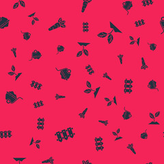 Set Garden fence wooden, Carrot, Wheelbarrow with dirt and Plant on seamless pattern. Vector