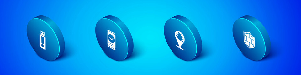 Set Isometric USB flash drive, System bug, Shield with brick wall and Smartphone icon. Vector