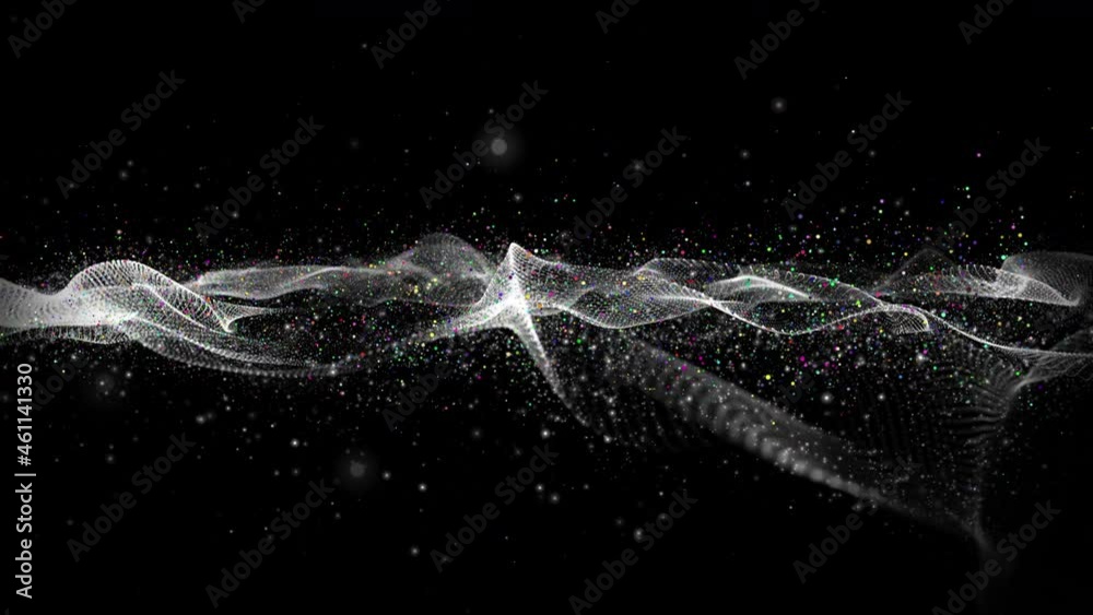 Wall mural futuristic animation with gray wave object and colorful glitter particles in slow motion, 4096x2304 