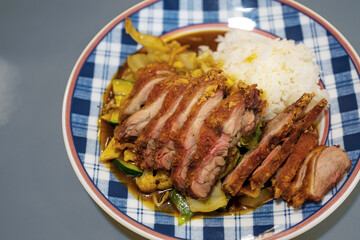 Crispy fried duck meal on vegetables with rice on a patterned plate in a Chinese fast food restaurant, selected focus