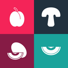 Set pop art Melon fruit, , Mushroom and Plum icon. Vector