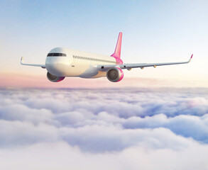 Commercial airplane flying above pink blue clouds in evening light. 3d render. 