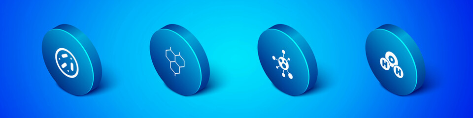 Set Isometric Petri dish with bacteria, Molecule, Chemical formula for H2O and icon. Vector