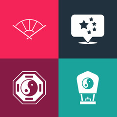 Set pop art Chinese paper lantern, Yin Yang, China flag and or japanese folding fan icon. Vector