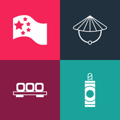 Set pop art Firework, Sushi on cutting board, Chinese conical straw hat and China flag icon. Vector