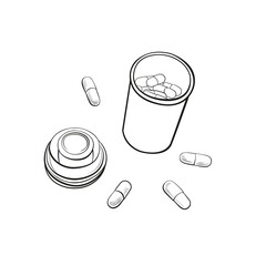 Open jar of medicine. Pills are scattered, hand-drawn in black and white, simple graphics. Vector illustration