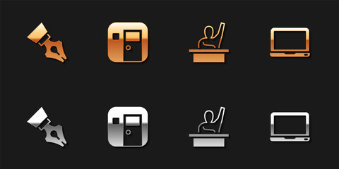 Set Fountain pen nib, School classroom, Male kid raising hand and Laptop icon. Vector