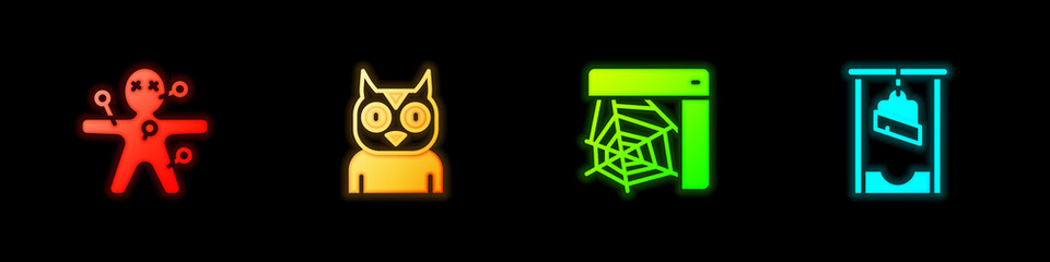 Set Voodoo doll, Owl bird, Spider web and Guillotine icon. Vector