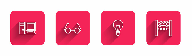 Set line Computer monitor, Glasses, Light bulb with concept of idea and Abacus with long shadow. Red square button. Vector