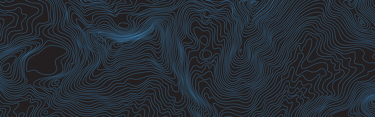 The stylized height of the topographic map contour in lines black an blue colors. The concept of a conditional geography scheme and the terrain path. Ultra Wide Size. Vector illustration.