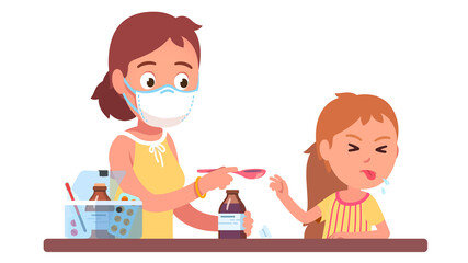 Kid refusing to take medicine. Mother giving syrup