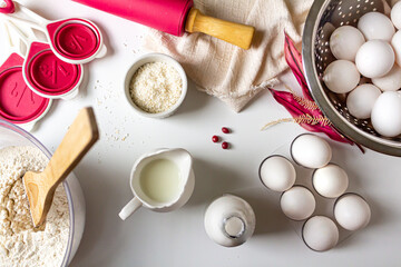 Bake a cake concept. Ingredients and kitchen utensils on white background. Flat lay, top view.