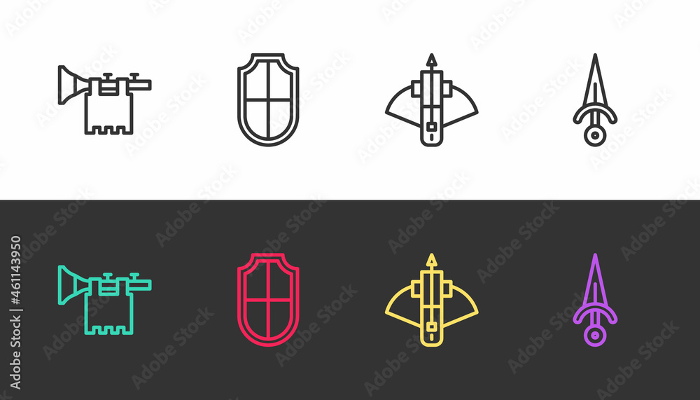 Sticker Set line Trumpet with flag, Shield, Battle crossbow arrow and Dagger on black and white. Vector