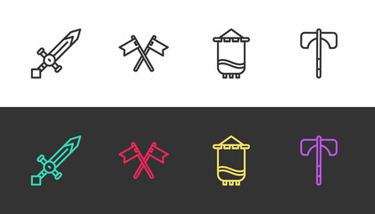 Fototapeta premium Set line Medieval sword, Crossed medieval flag, and axe on black and white. Vector