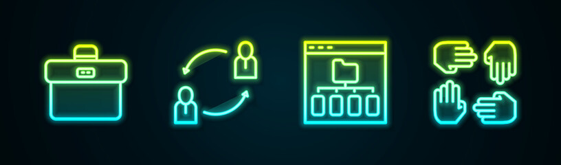 Set line Briefcase, Human resources, Browser files and Project team base. Glowing neon icon. Vector