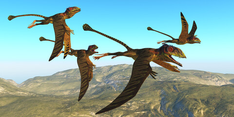 Peteinosaurus Reptile Flight - A flock of Peteinosaurus reptiles fly over a mountainous landscape during the Triassic Age of Italy.