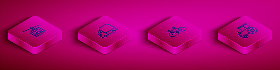 Set Isometric line Cable car, Delivery cargo truck, Bicycle and Tractor icon. Vector