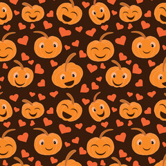 Funny cartoon Pumpkin seamless pattern  with heart shapes scattered on dark brown background. great for kids cloths , Halloween greeting cards and decoration 
