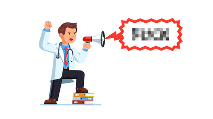 Medical worker man cursing yelling with bullhorn