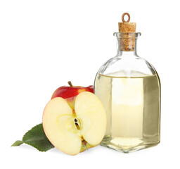 Natural apple vinegar and fresh fruits on white background