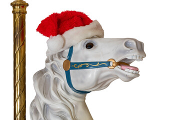 White carousel horse with a red Santa hat isolated on white