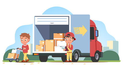 Delivery men delivering, unloading cardboard boxes