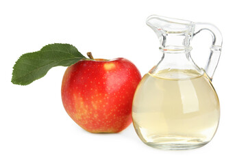 Natural apple vinegar and fresh fruit on white background