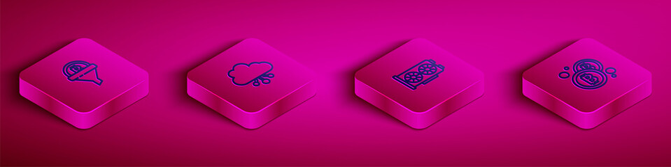 Set Isometric line Sales funnel with bitcoin, Cryptocurrency cloud mining, Video graphic card and Bitcoin icon. Vector