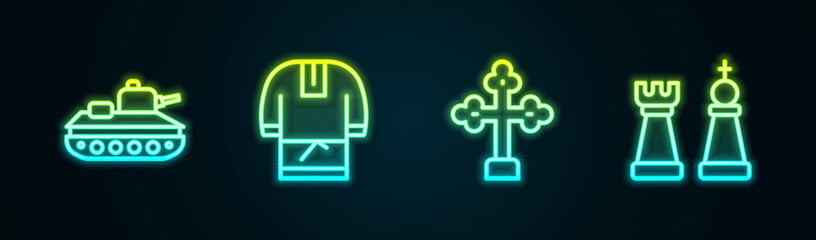 Set line Military tank, Kosovorotka, Christian cross and Chess. Glowing neon icon. Vector