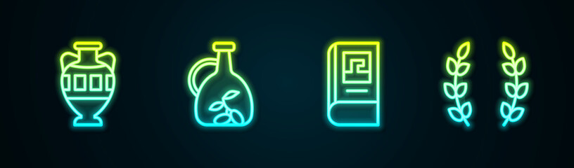 Set line Ancient amphorae, Bottle of olive oil, Greek history book and Laurel wreath. Glowing neon icon. Vector