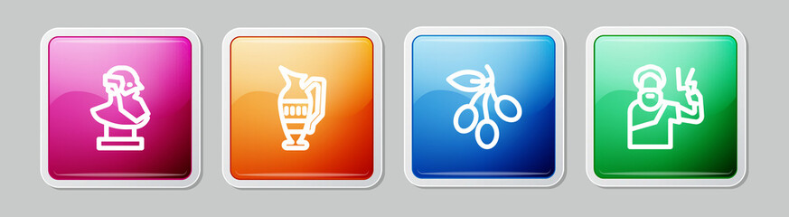 Set line Ancient bust sculpture, amphorae, Olives branch and Zeus. Colorful square button. Vector