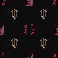 Set line Greek history book, Neptune Trident and Laurel wreath on seamless pattern. Vector