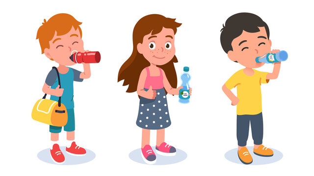 Preschooler drinking girl, boys holding bottles